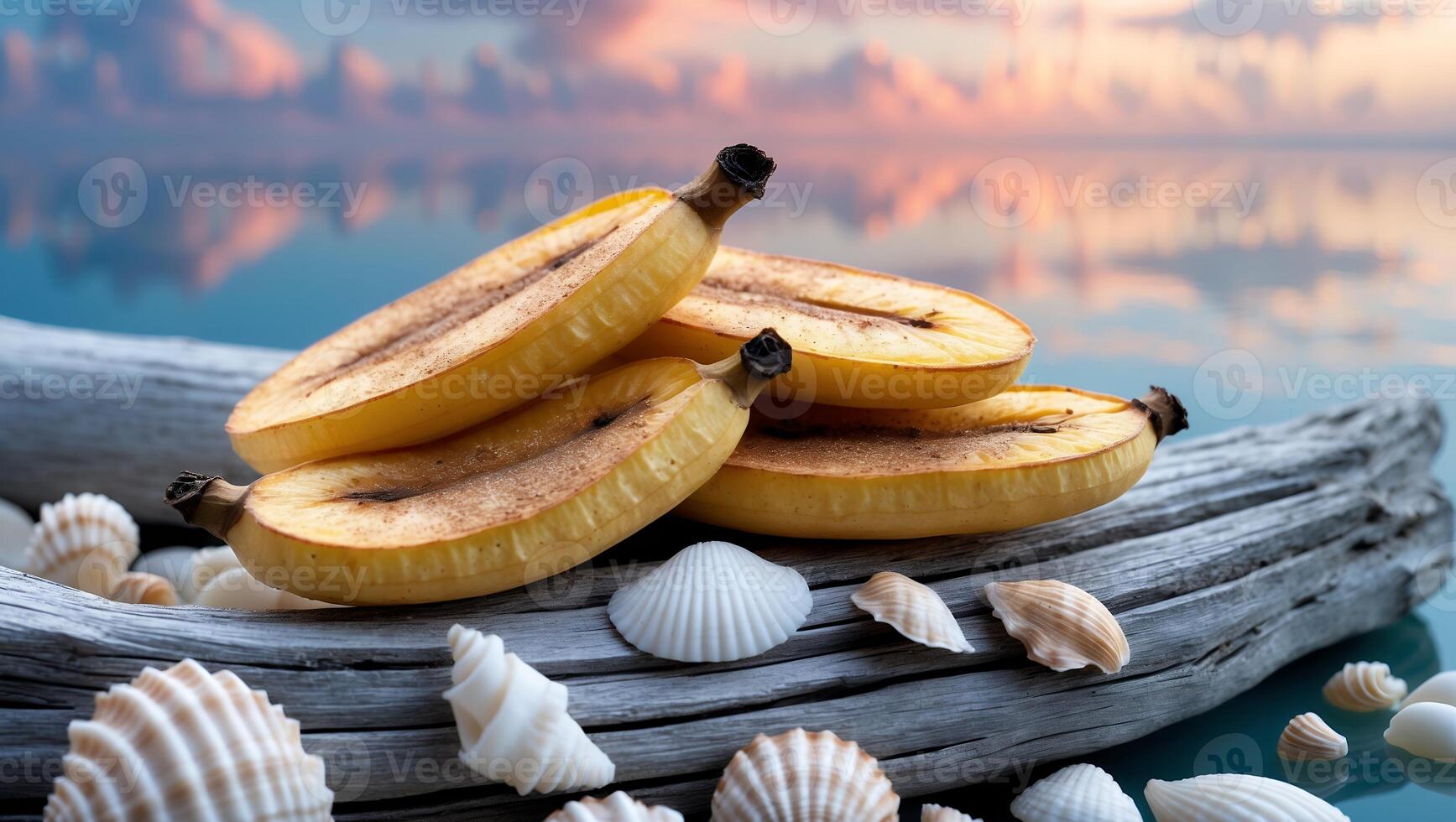 Sliced Bananas Resting on Driftwood with Seashells Against a Beach Backdrop photo