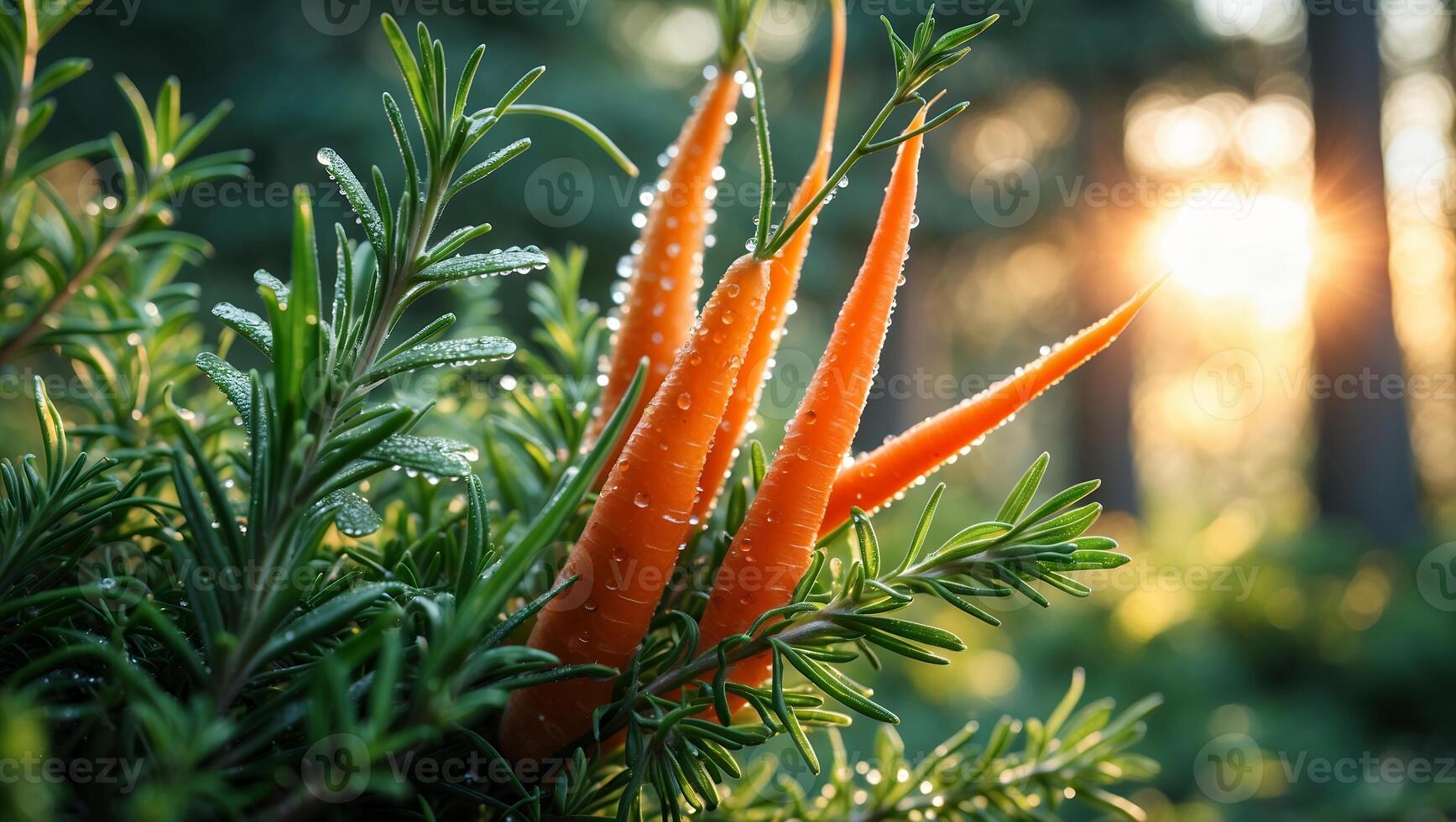 Fresh Carrots and Rosemary with Dew Drops in Natural Setting photo