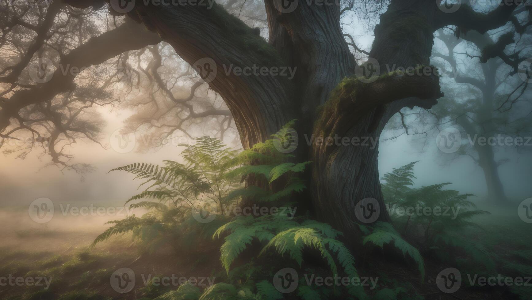 Enchanting Forest Scene with Ancient Tree and Misty Morning Light photo