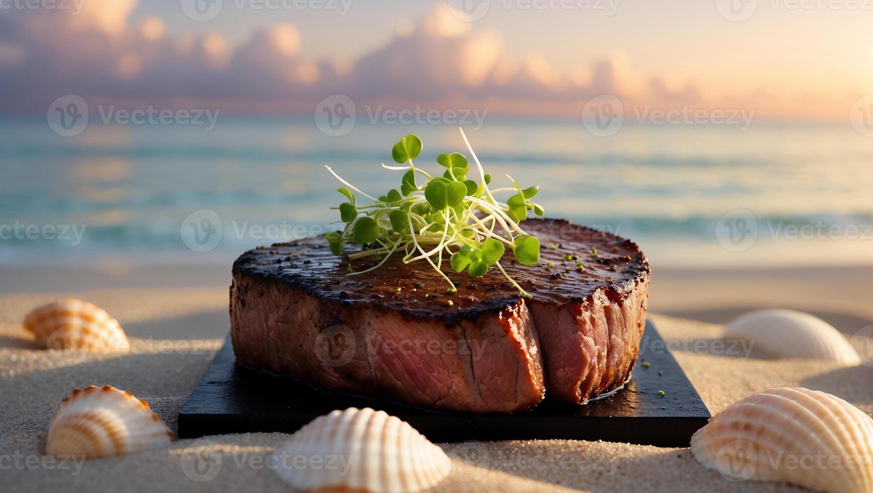 Grilled Steak Garnished with Sprouts on Beach at Sunset Near Seashells photo
