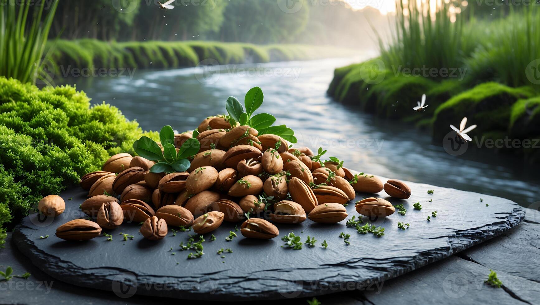 Pile of Almonds on Slate with Lush Riverbank Backdrop photo