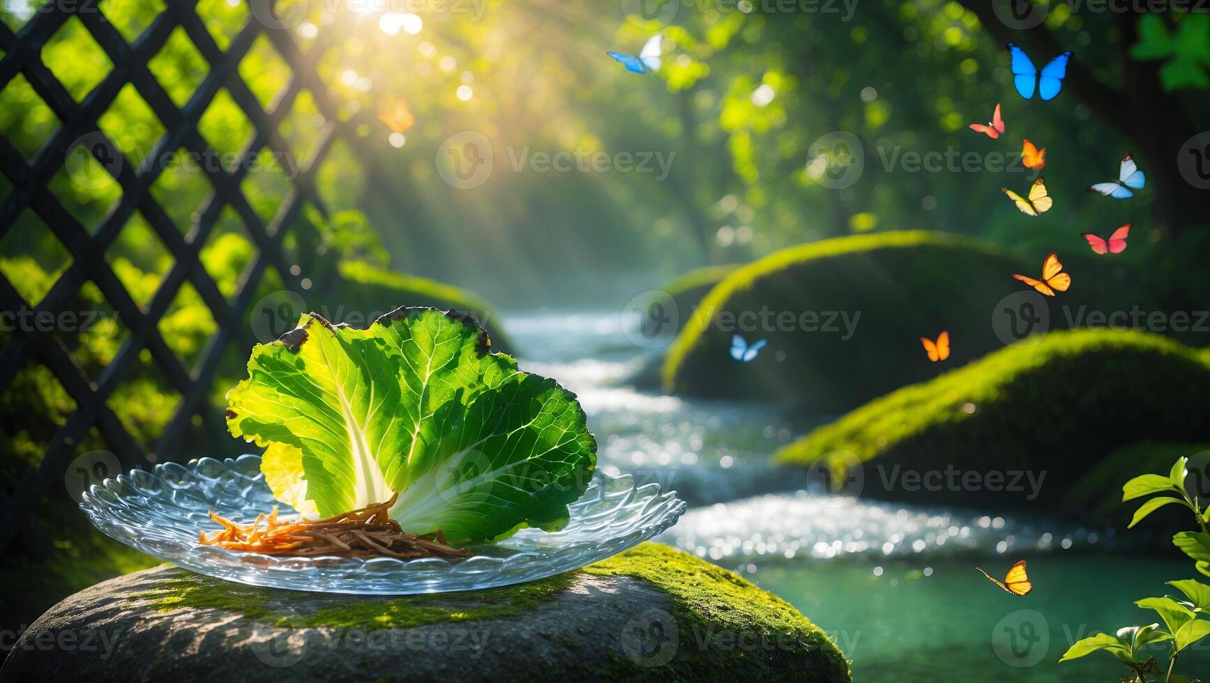 Lettuce and Root Vegetables on a Plate in a Forest Setting photo