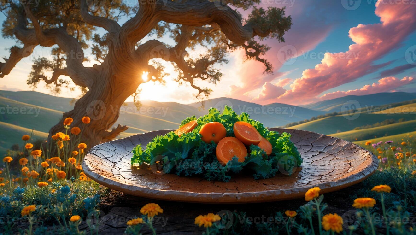 Leafy Salad with Orange Slices in Nature at Sunset photo