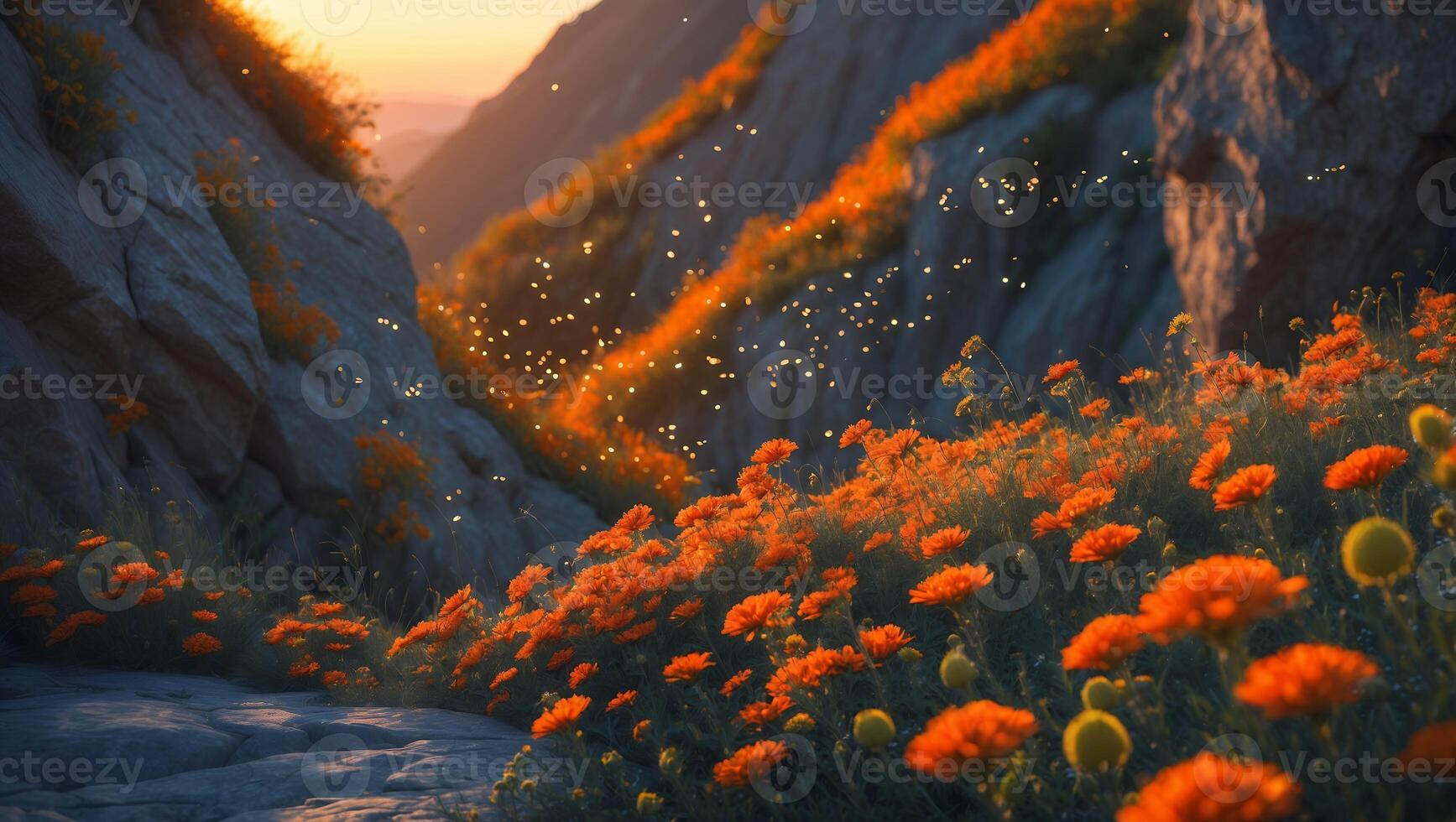 Walking Path Through Field of Orange Flowers with Mountain View photo