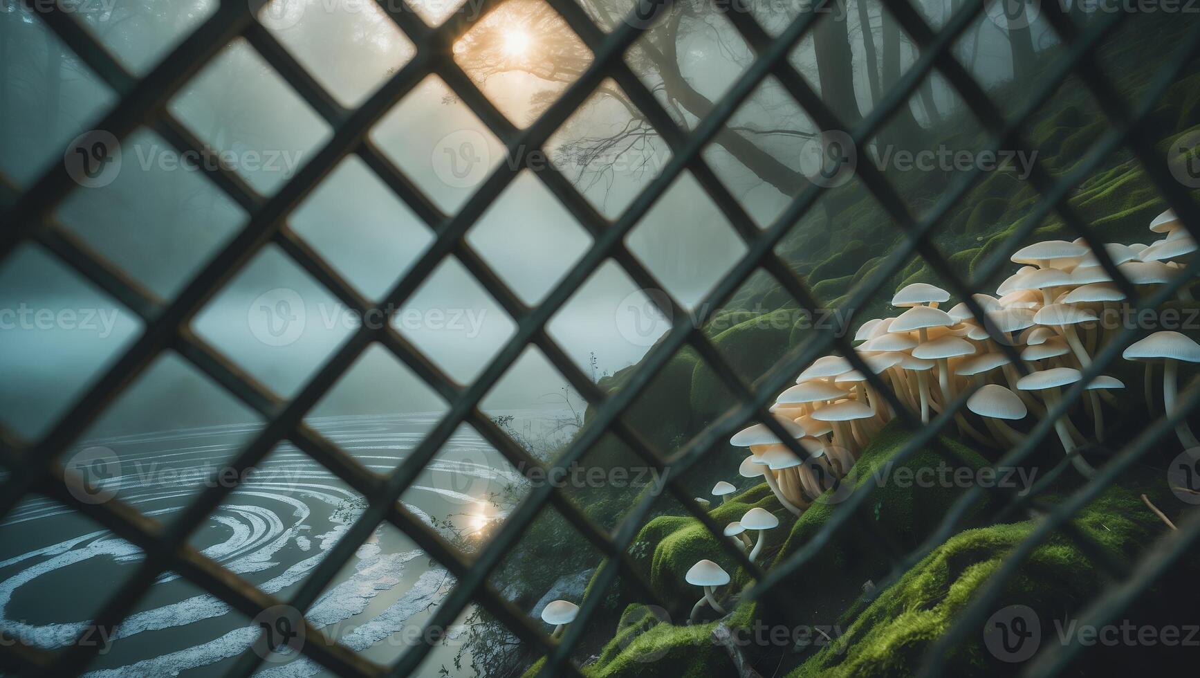Mushroom Cluster on Mossy Hillside with Misty Lake View Behind Grid photo
