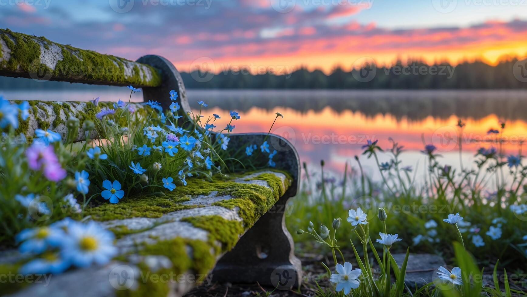 Bench with Moss and Flowers Overlooking Lake at Colorful Sunrise photo