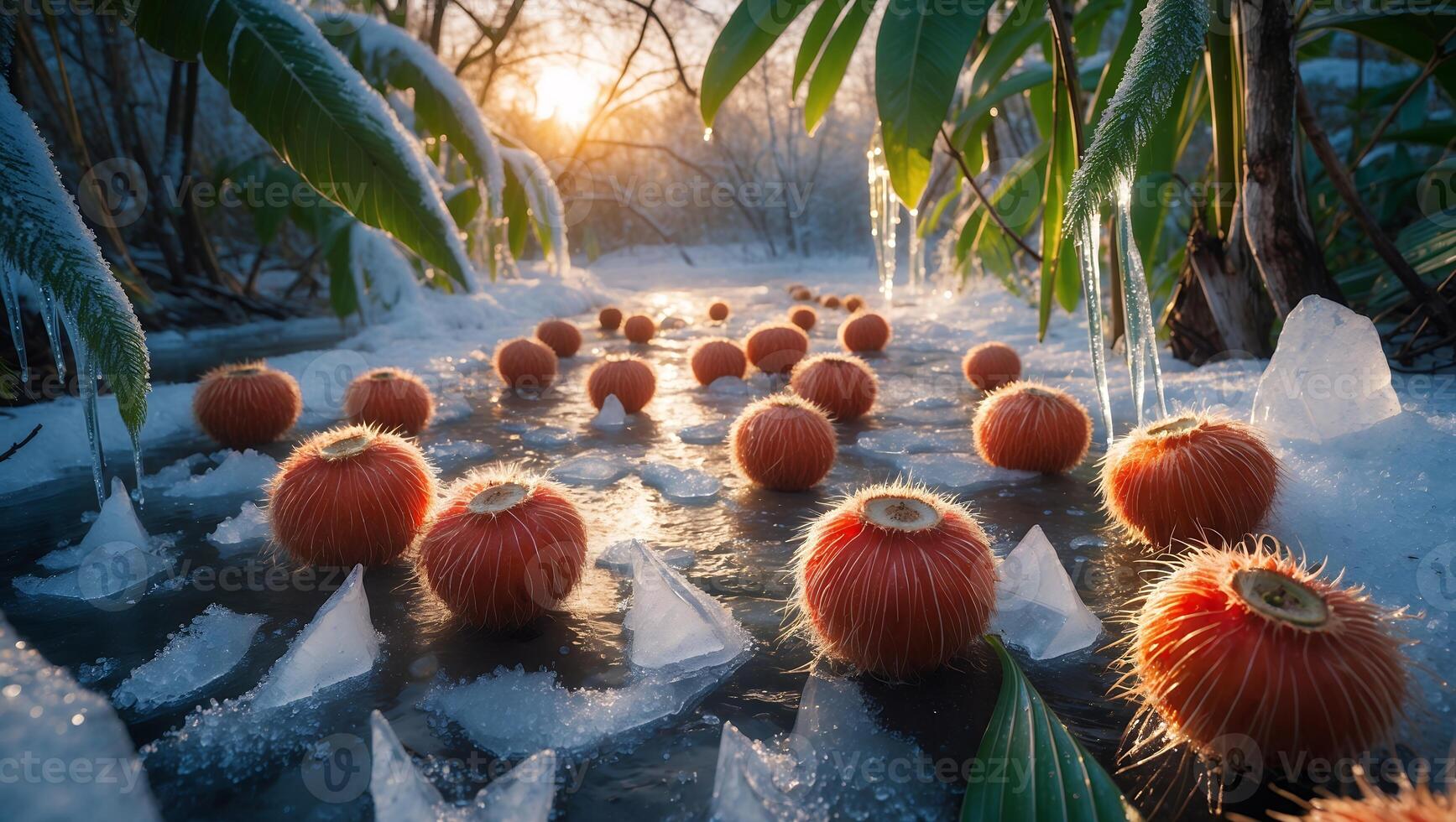 Winter Scene with Round Fruits Lying on Ice and Snow photo