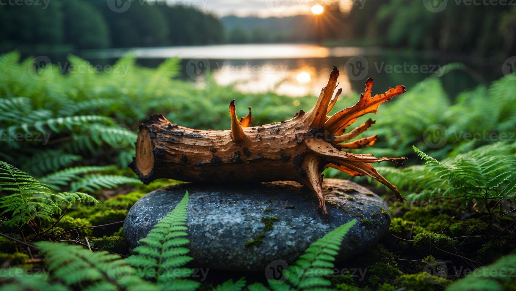 Fallen Log Resting on Stone Amidst Ferns with Lake Background photo