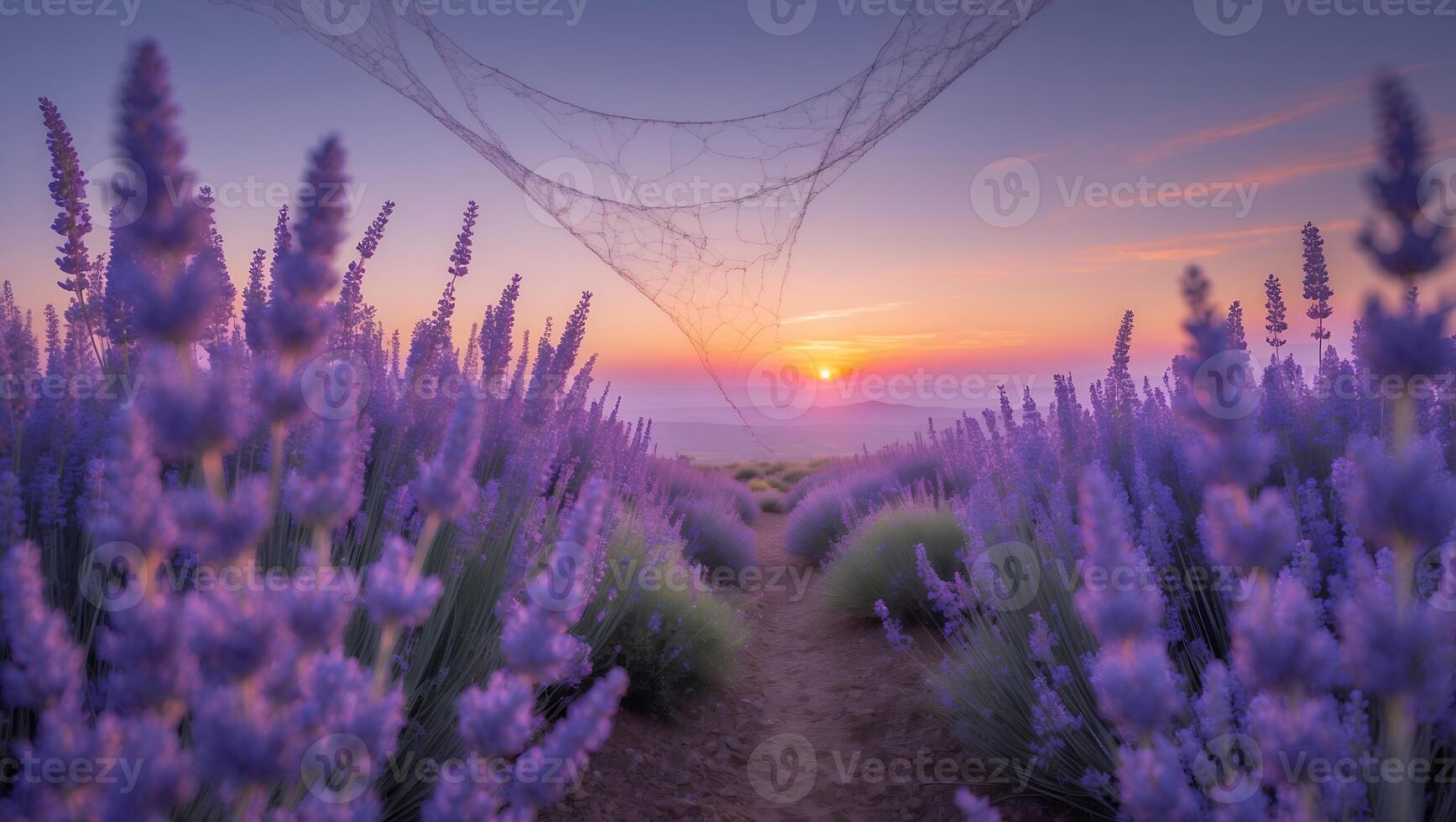 Walking Path Through Lavender Field at Sunset with Dramatic Sky photo