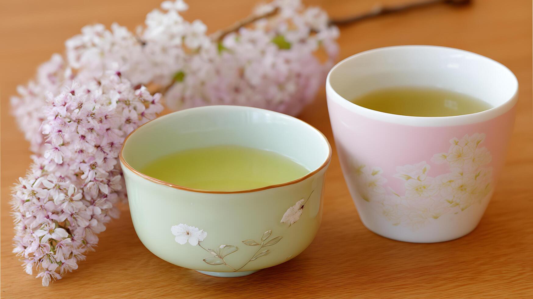 Two Cups of Green Tea Beside Delicate Pink Blossoms. photo