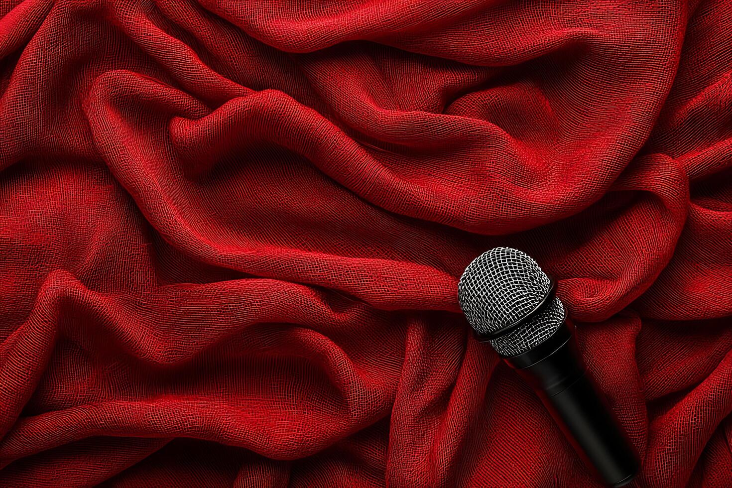 Dramatic Red Fabric Draped with a Microphone. Stage Performance Concept. photo