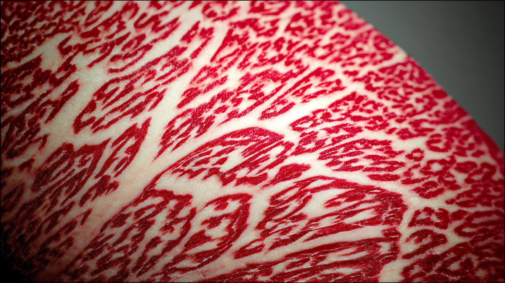 Extreme Close Up of Raw Red Meat Marbling and Fat Texture. photo
