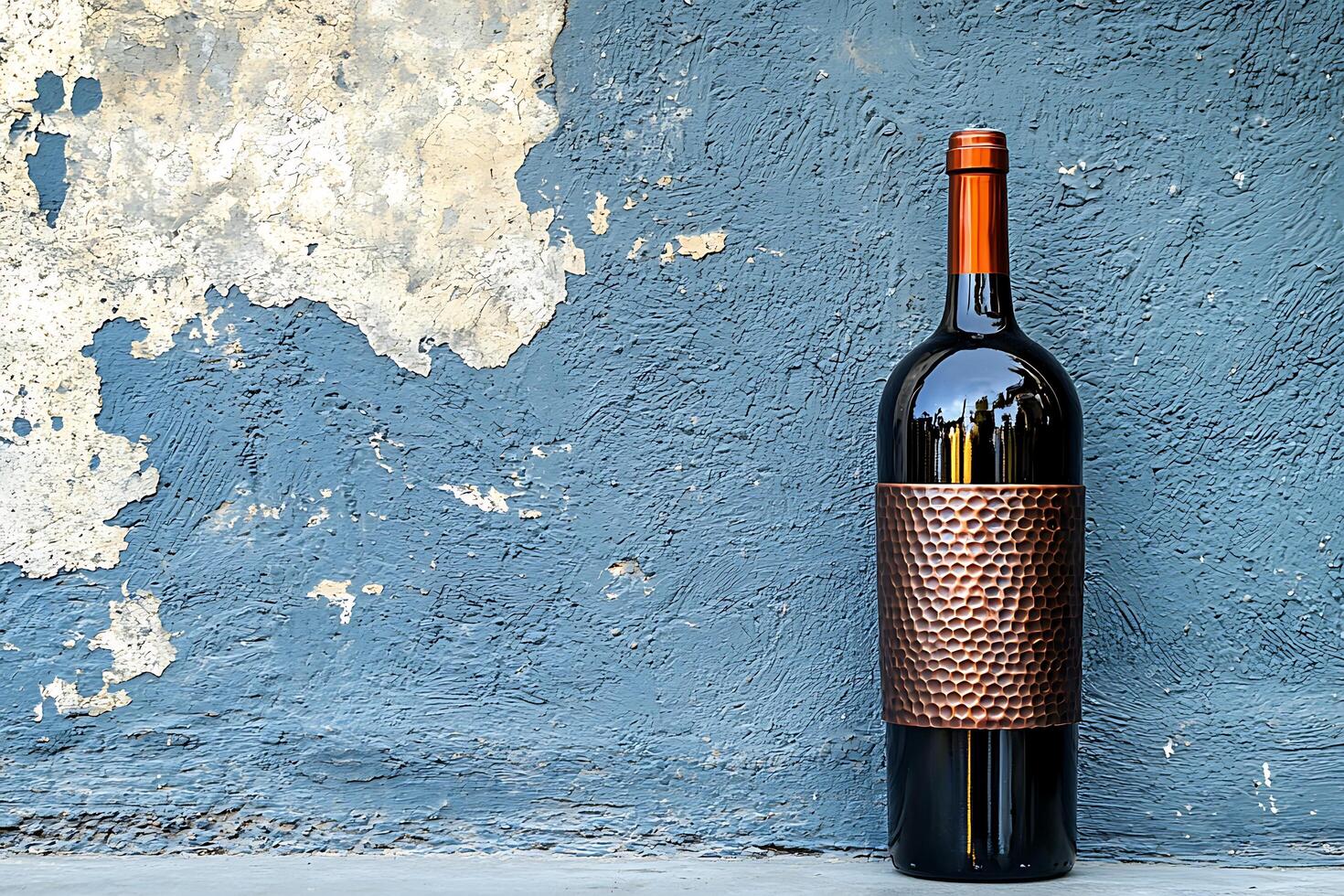 Red Wine Bottle with Copper Sleeve Against a Distressed Blue Wall. A stylish image perfect for wine labels, blogs, or advertising. photo