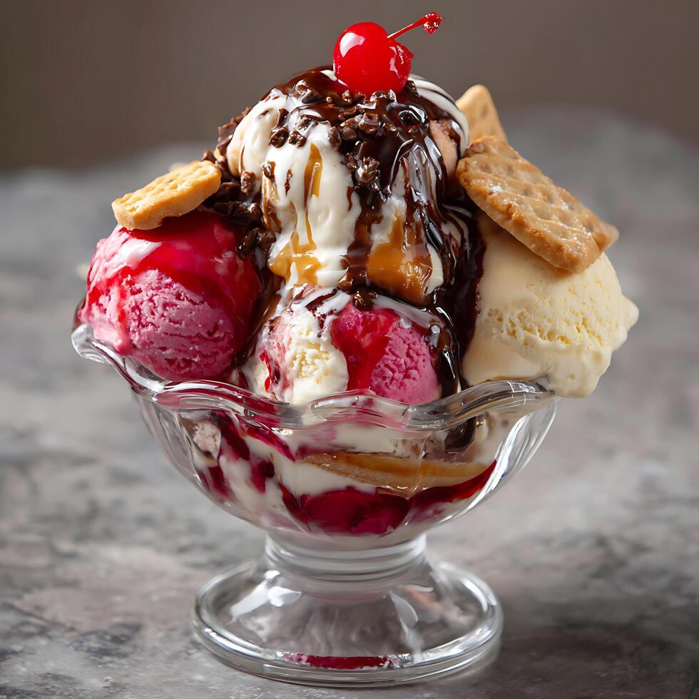 Delicious Ice Cream Sundae with Cherry and Chocolate Drizzle. photo