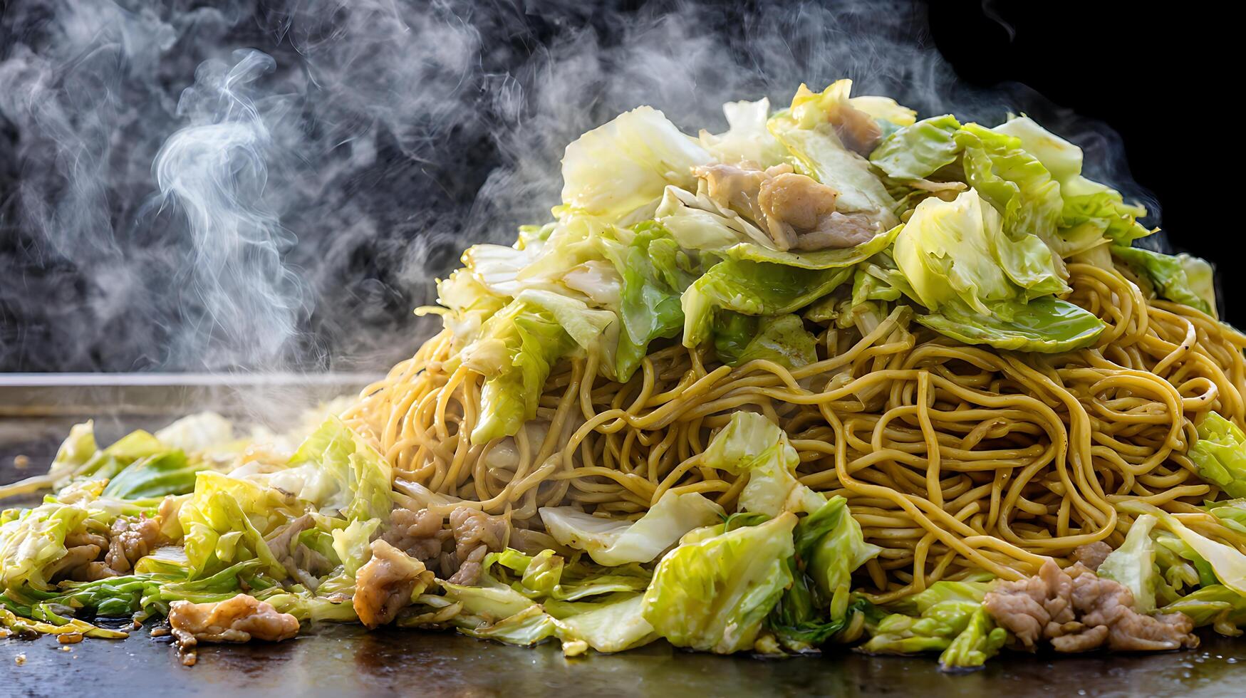 Delicious Steaming Noodles and Cabbage Being Cooked on a Griddle. photo