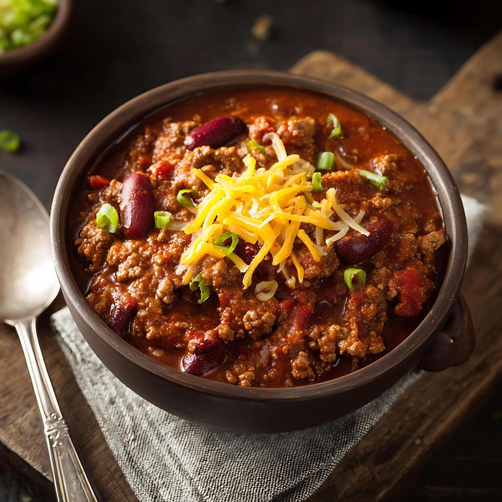 Hearty Bowl of Chili with Shredded Cheese and Green Onions. photo
