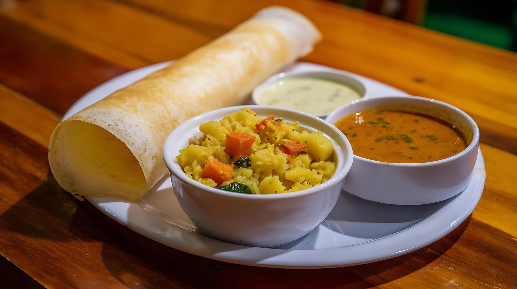 Delicious South Indian Dosa Meal with Sambar and Chutney. photo