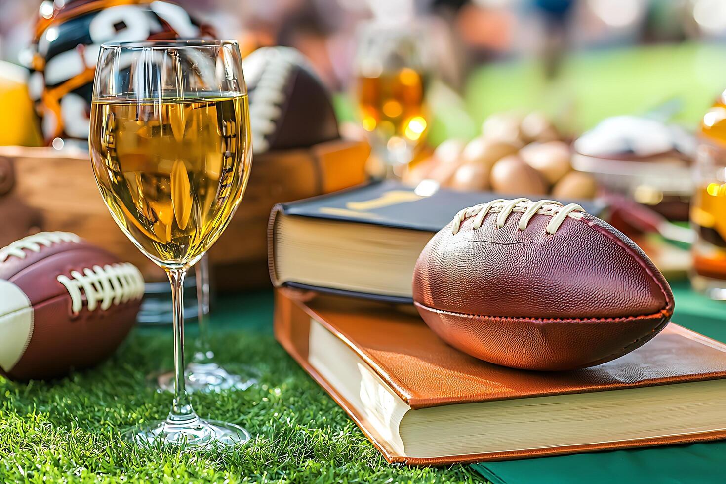 Outdoor Fall Gathering Wine, Football, and Books on the Grass. A picturesque scene of relaxation and leisure. photo