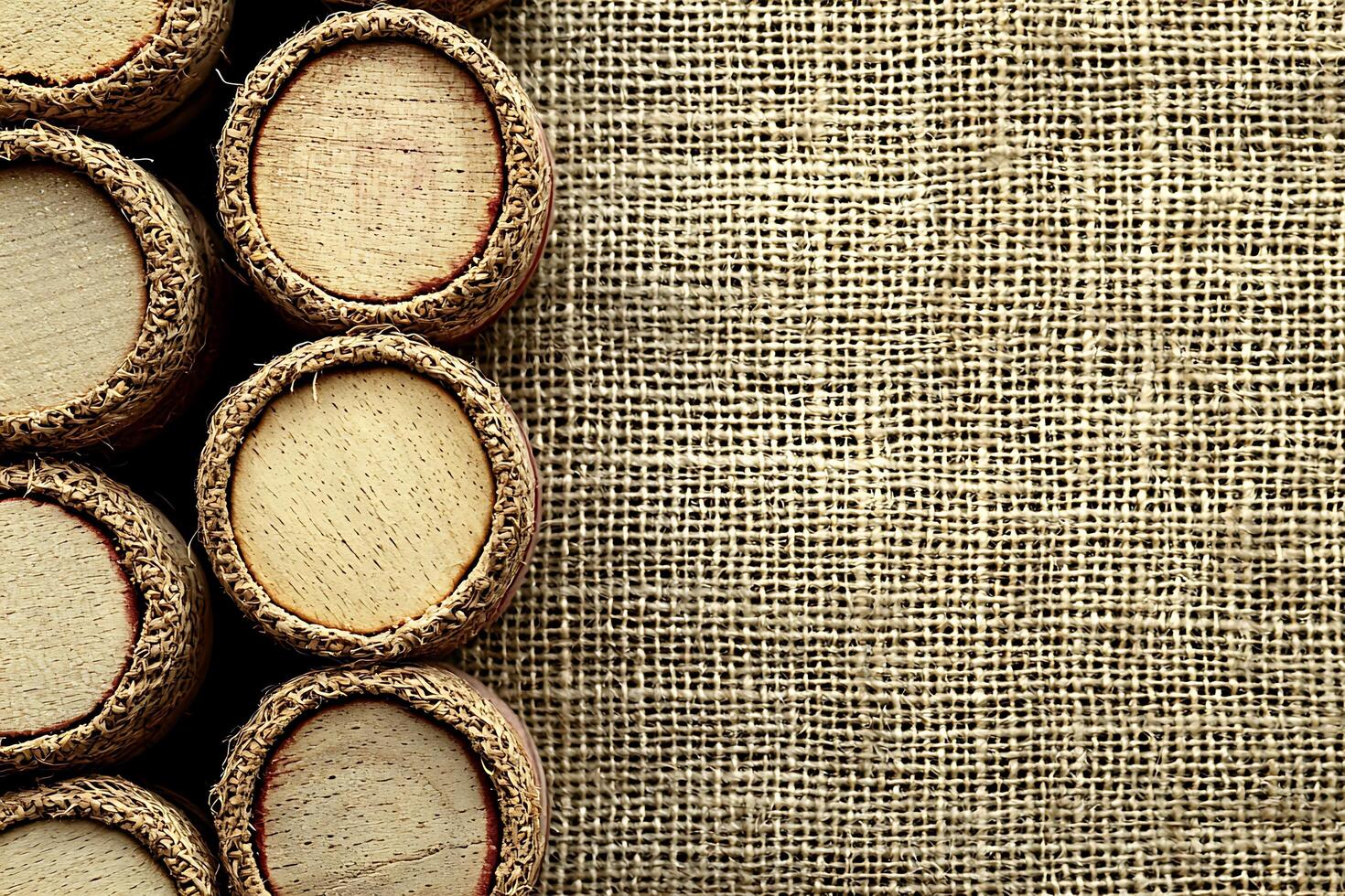 Wooden Discs with Burlap Texture Background for Craft, Wine, or Rustic Designs. photo