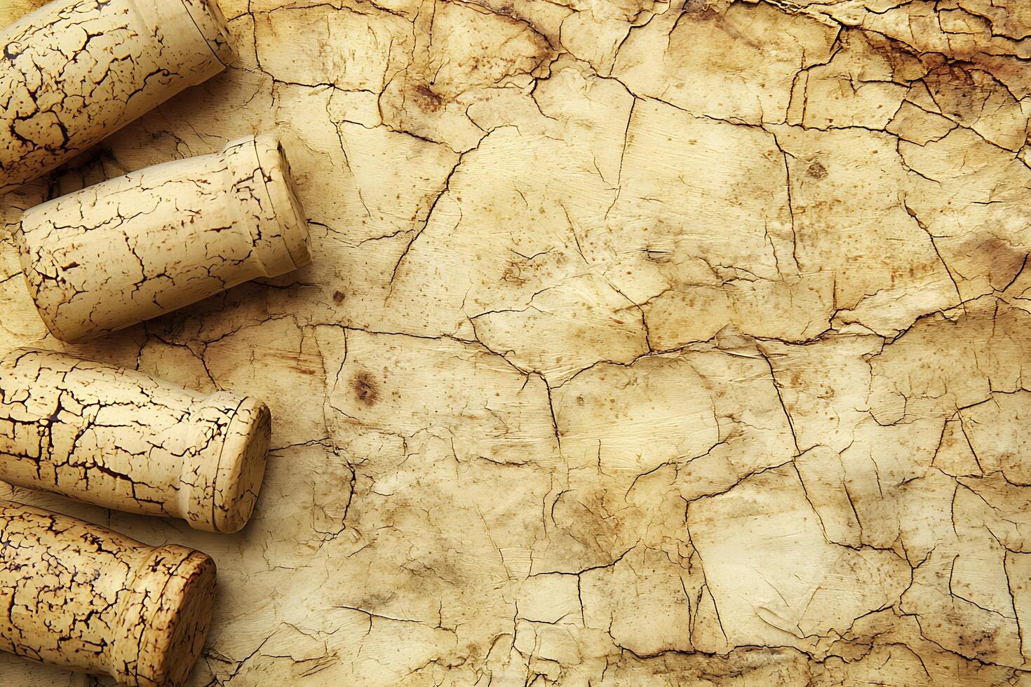 Aged Wine Corks on Cracked Parchment Paper Background. A textured image ideal for design projects requiring a vintage or rustic aesthetic. photo