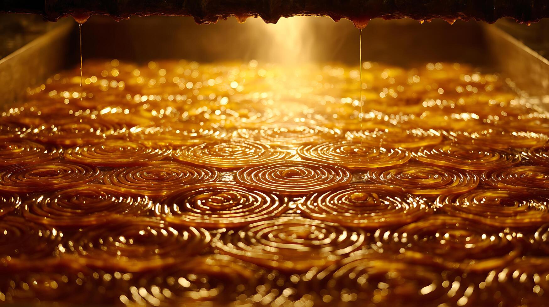 Golden Syrup Drip on Sweet Swirls with Warm Bokeh Lights. photo
