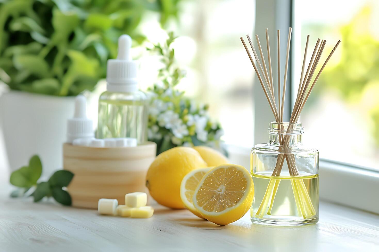 Refreshing Lemon-Scented Reed Diffuser and Essential Oils on Windowsill. photo
