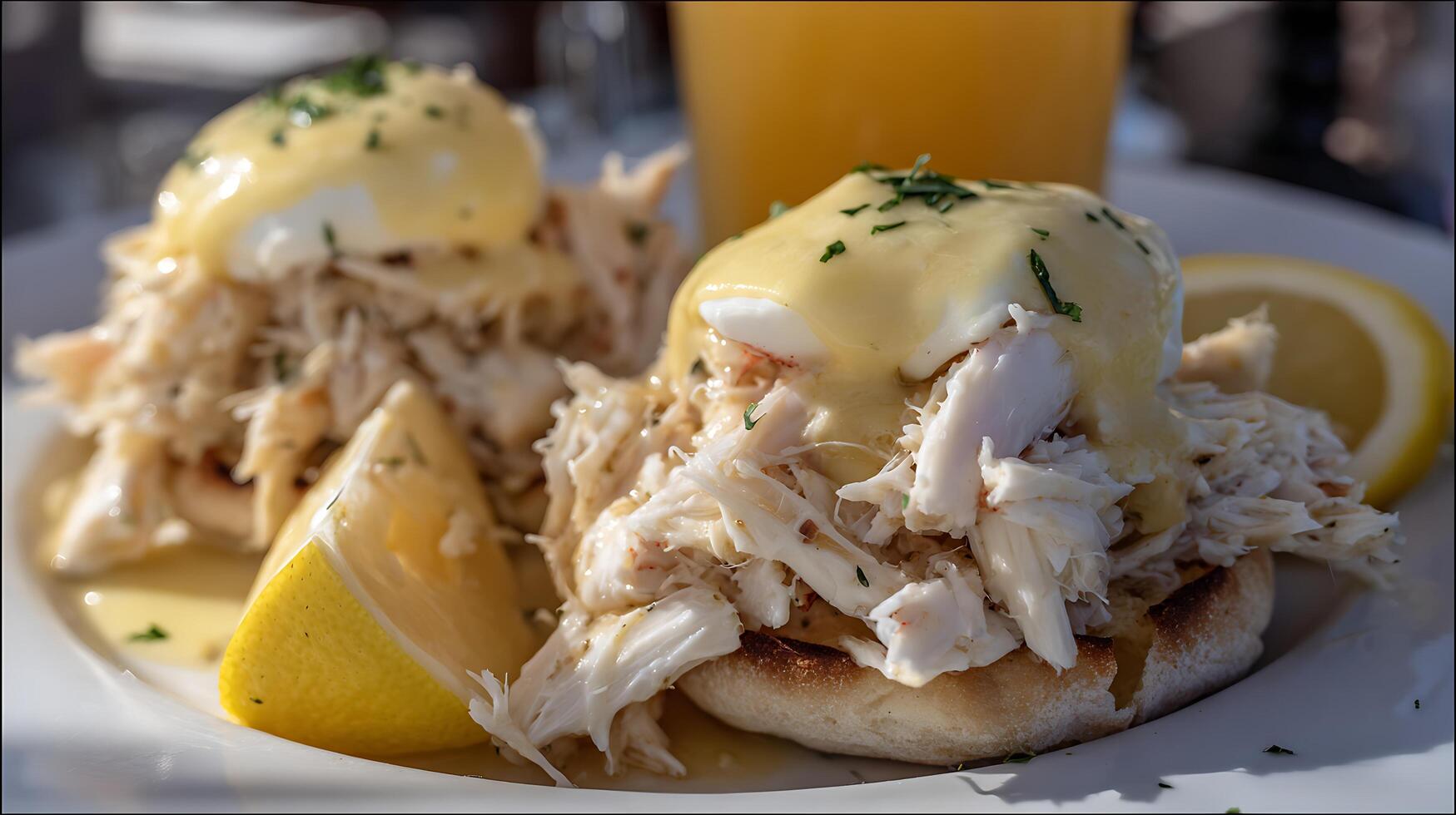 Delicious Crab Eggs Benedict with Lemon and Orange Juice photo