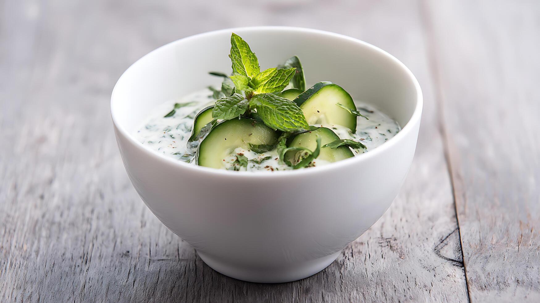 Fresh Cucumber and Mint Yogurt Dip with Spices on Rustic Wood. photo