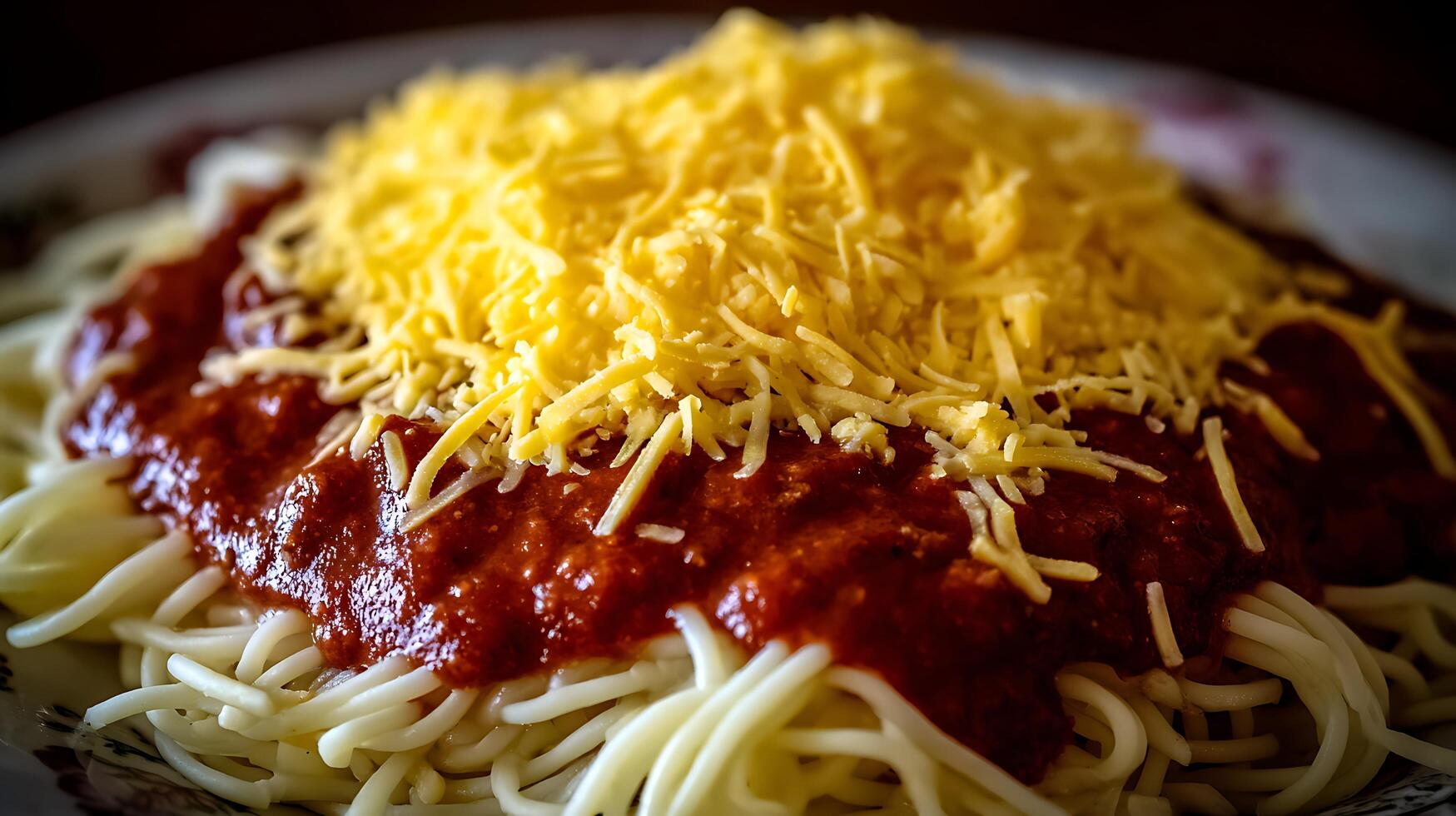 Close Up Shot of Delicious Spaghetti with Tomato Sauce and Cheese. photo
