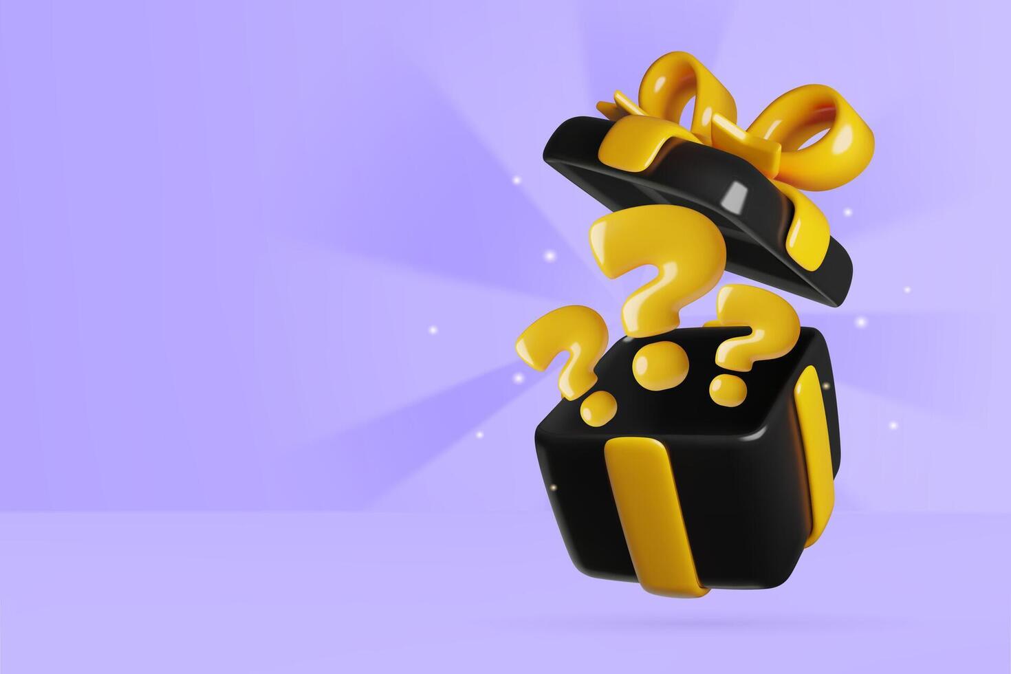 Black mystery box with question marks 3d icon on purple background vector
