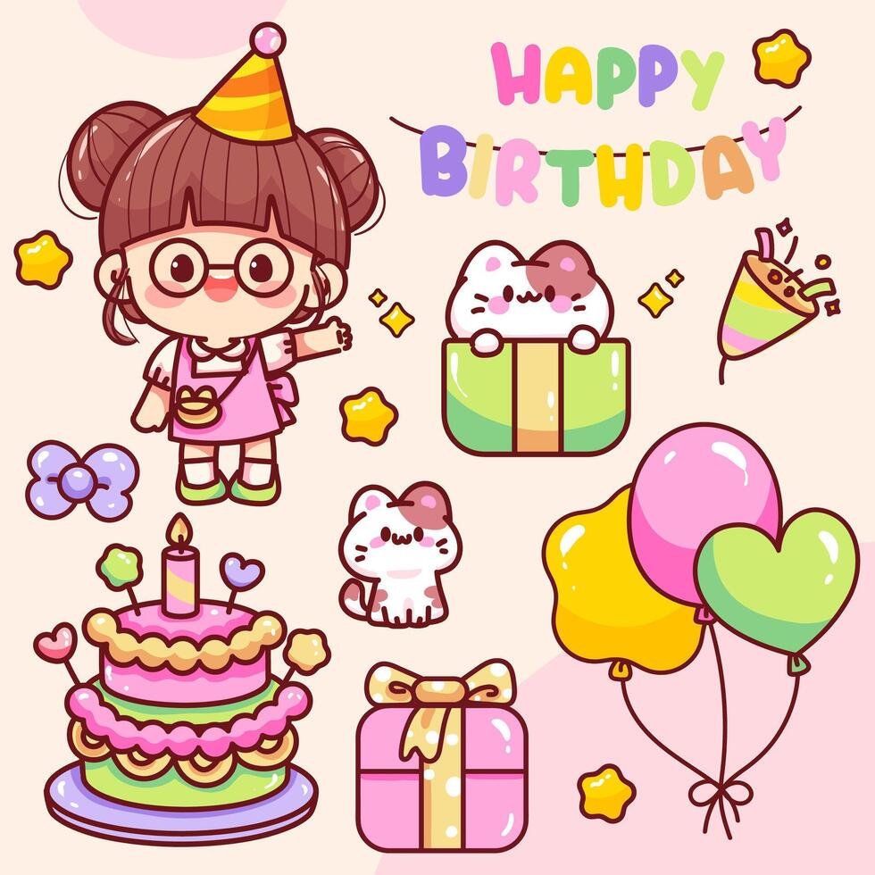 Kawaii Birthday Party Clipart Girl and Cats Celebration Set vector