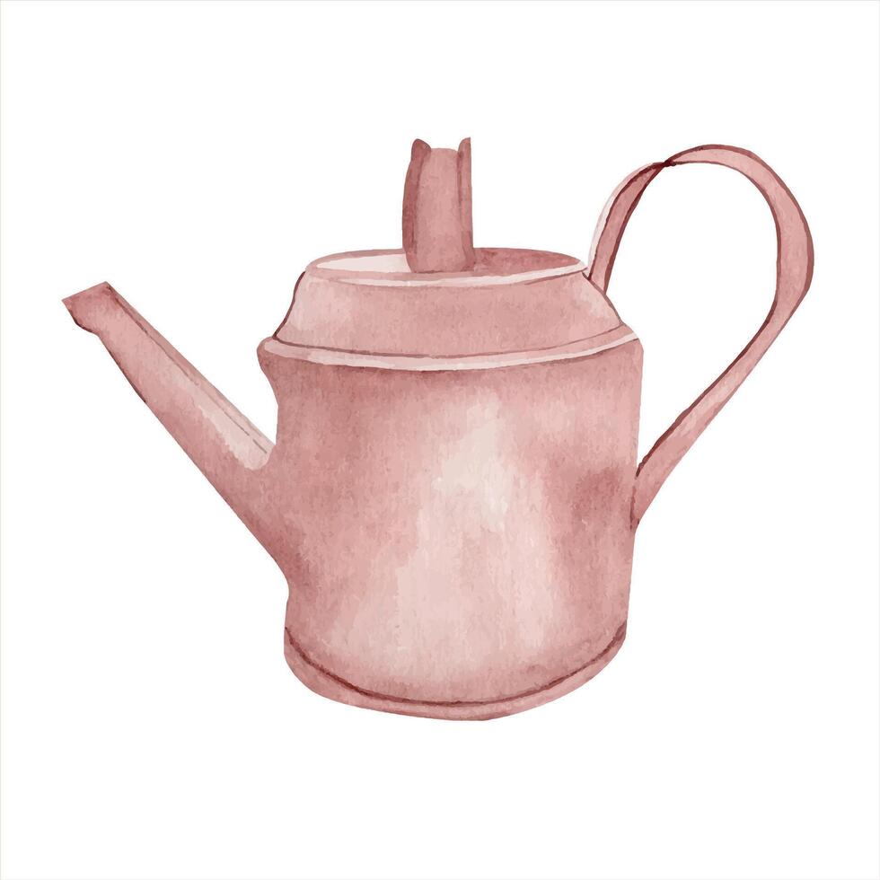 Watercolor brown metal garden watering can. Composition isolated from the background. Gardening tools for watering flowers. Plants and flowers. For Scrapbooking, cards, invitations, printing vector