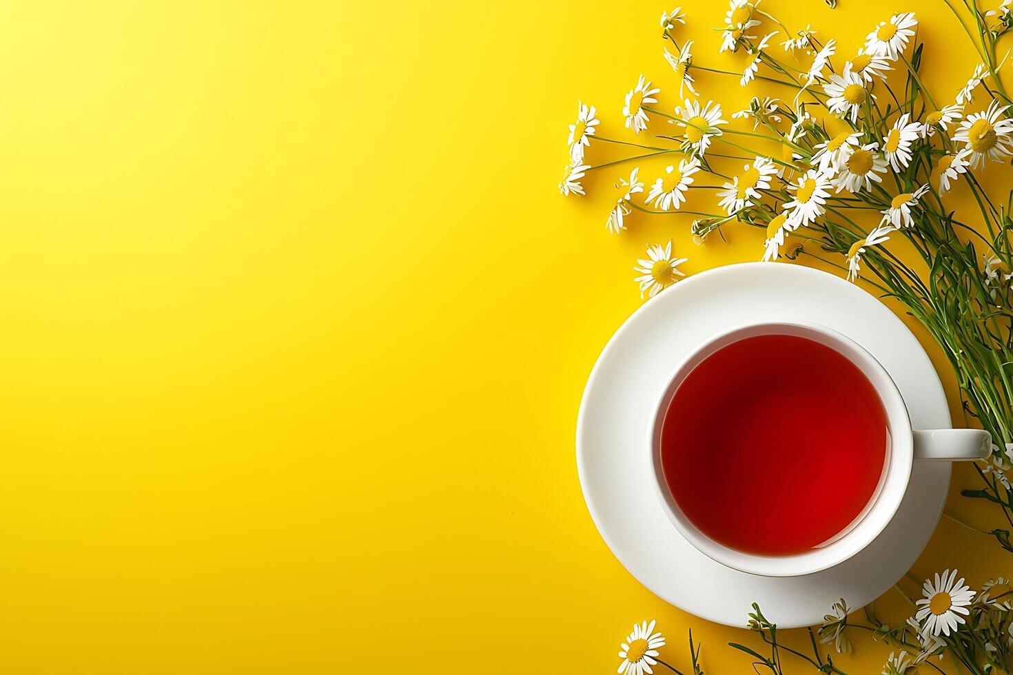 A Cup of Tea with Chamomile Flowers on a Yellow Background A Relaxing and Refreshing Image. photo