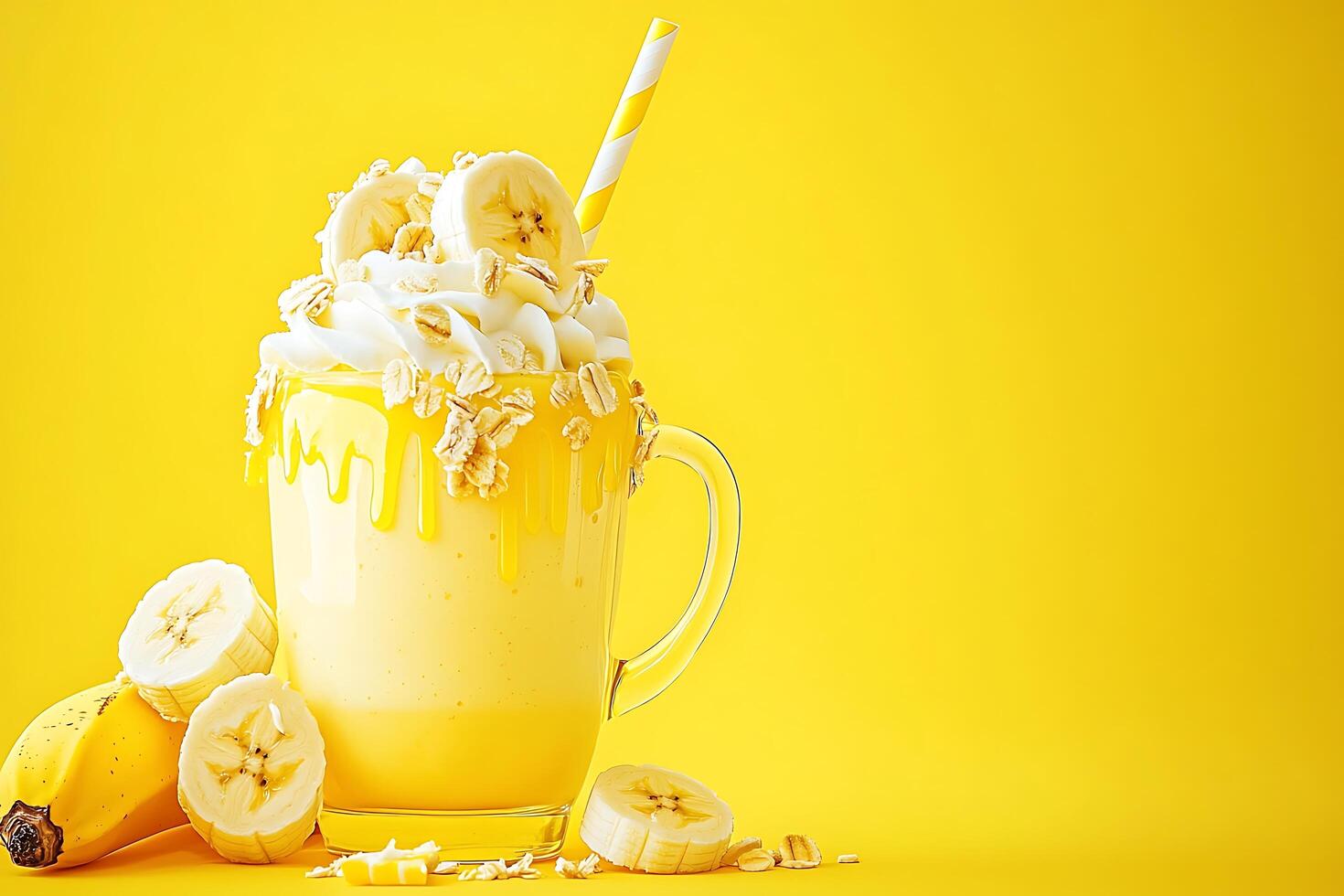 Delicious Banana Smoothie with Oatmeal and Whipped Cream in a Glass Mug. This vibrant image is perfect for showcasing healthy and refreshing summer drinks. photo