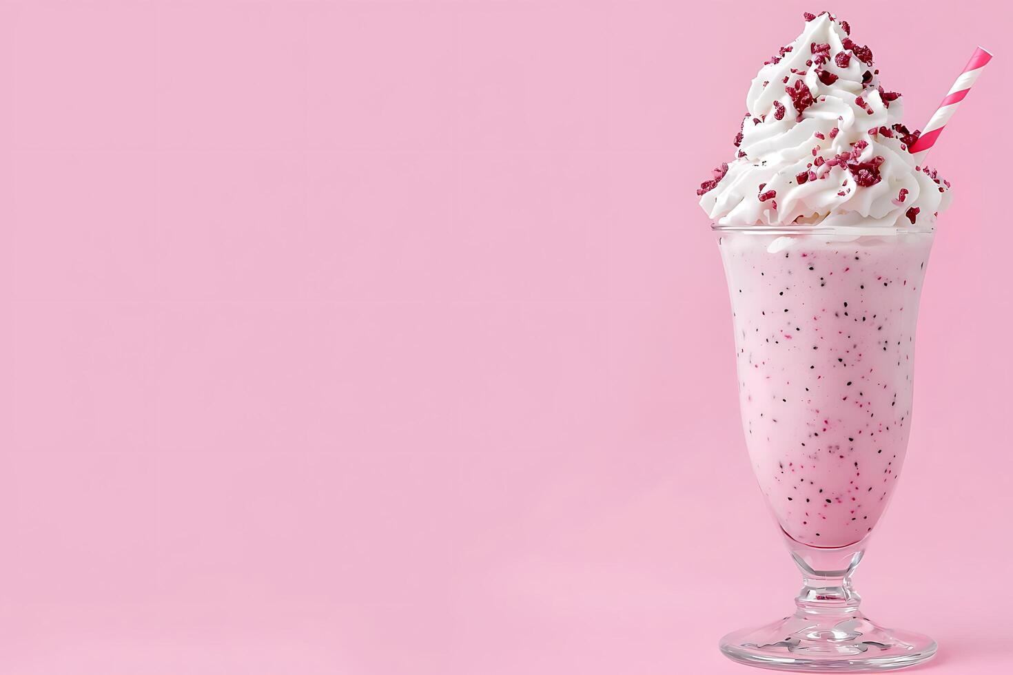 Delicious Pink Milkshake with Whipped Cream and Sprinkles on a Pink Background. A refreshing summer treat, perfect for menus, websites, or advertisements. photo