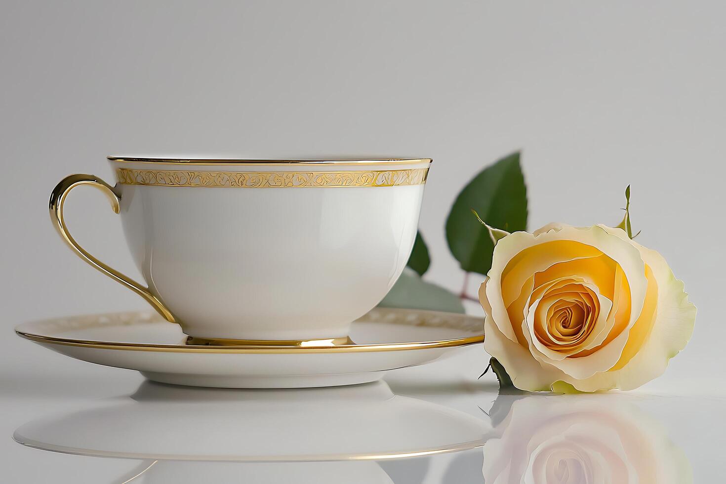 Elegant Teacup and Saucer with Yellow Rose A Still Life of Tranquility. photo
