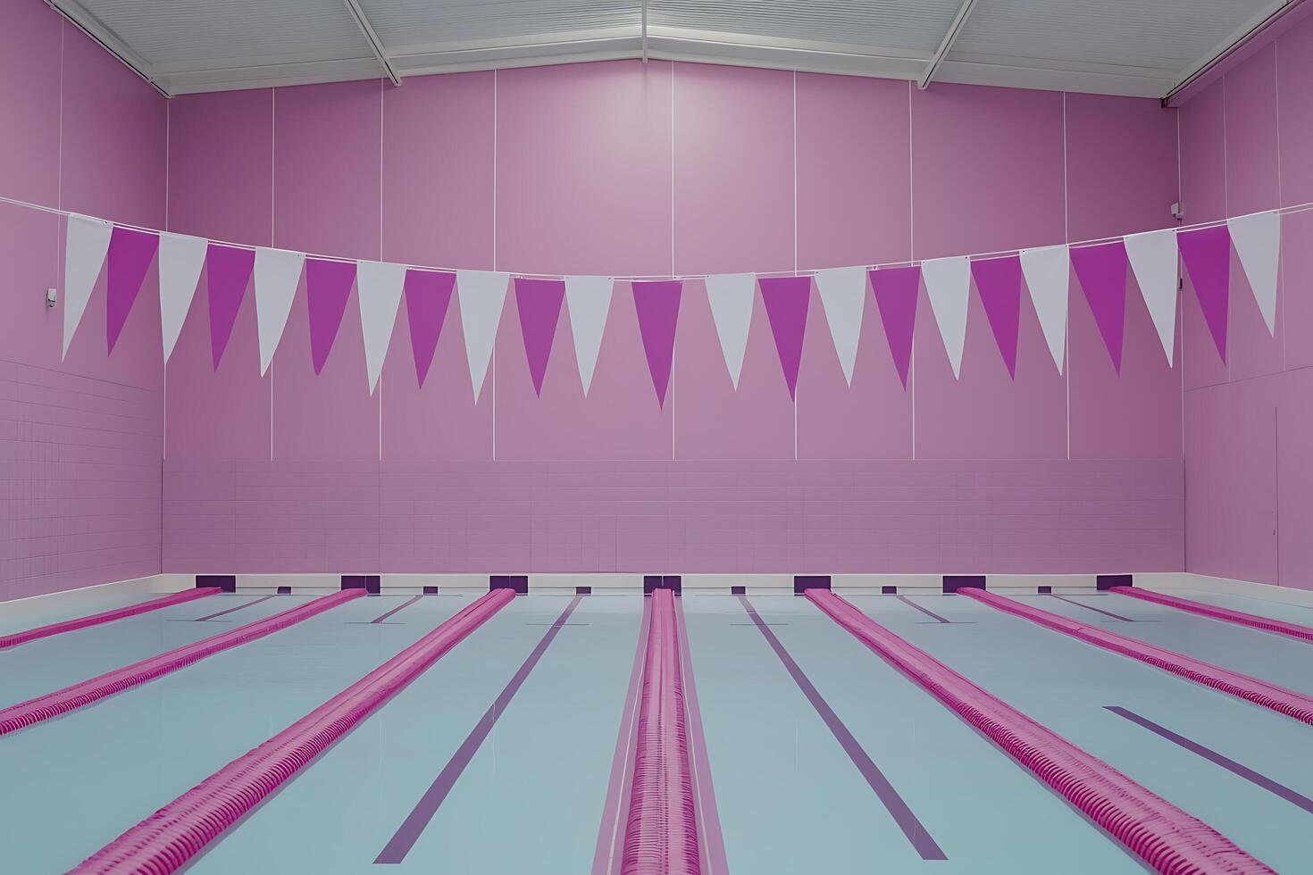 Empty Indoor Swimming Pool with Pink Walls and Bunting. A serene image of an empty swimming pool, perfect for illustrating relaxation, sports, or aquatic themes. photo