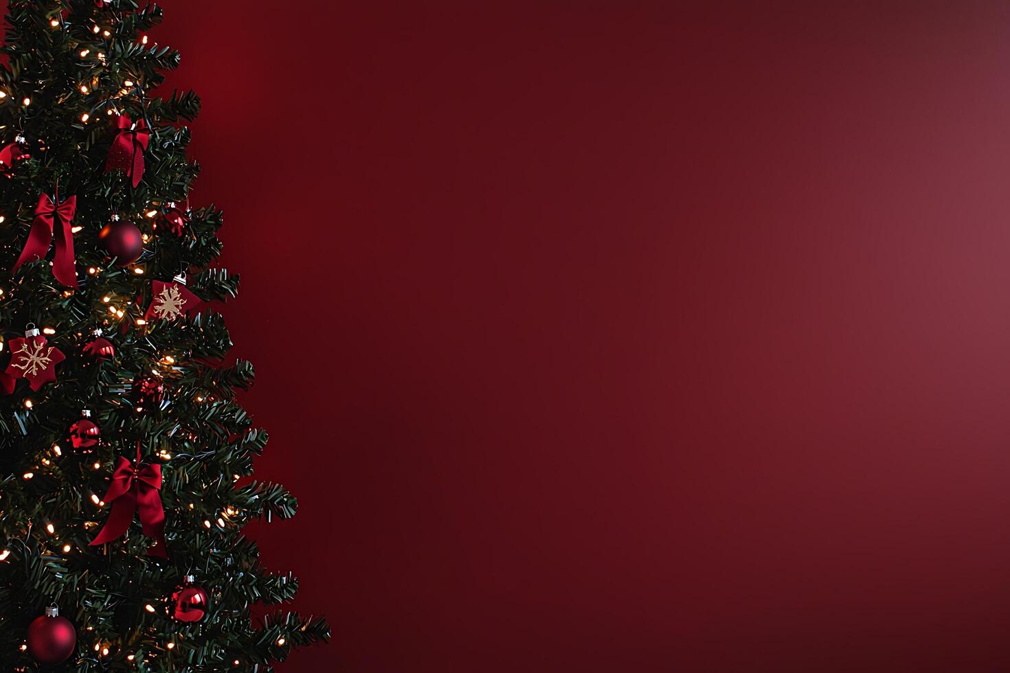 Festive Christmas Tree with Red Ornaments and Lights against a Deep Burgundy Background. Perfect for holiday greetings and winter celebrations. photo