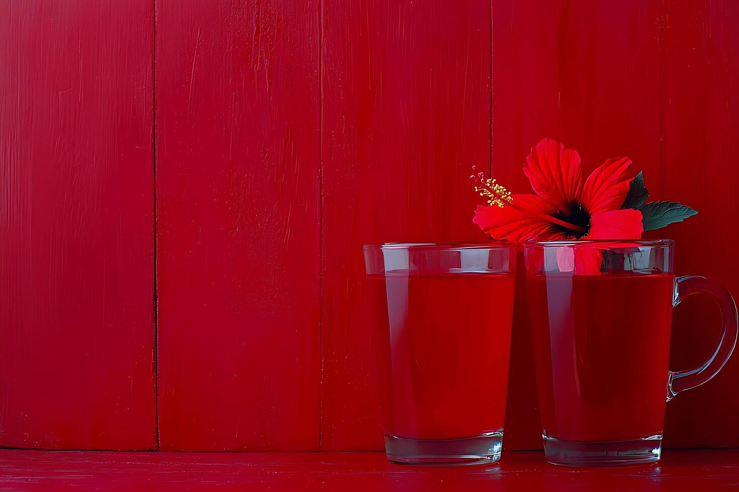 Two Glasses of Red Hibiscus Tea with a Blooming Hibiscus Flower against a Red Wooden Background. photo