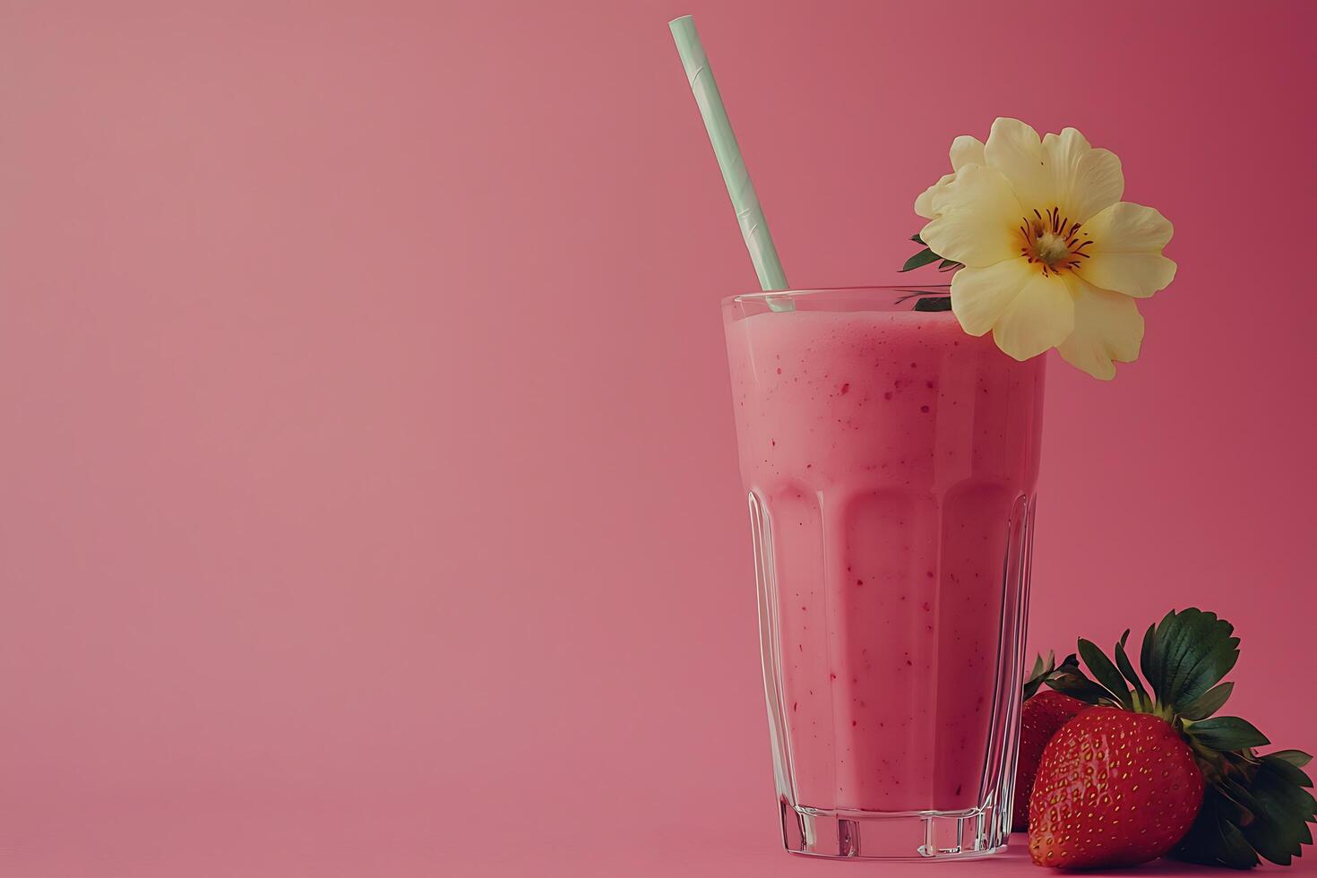 Refreshing Strawberry Smoothie with Flower Garnish A Pink Delight. photo