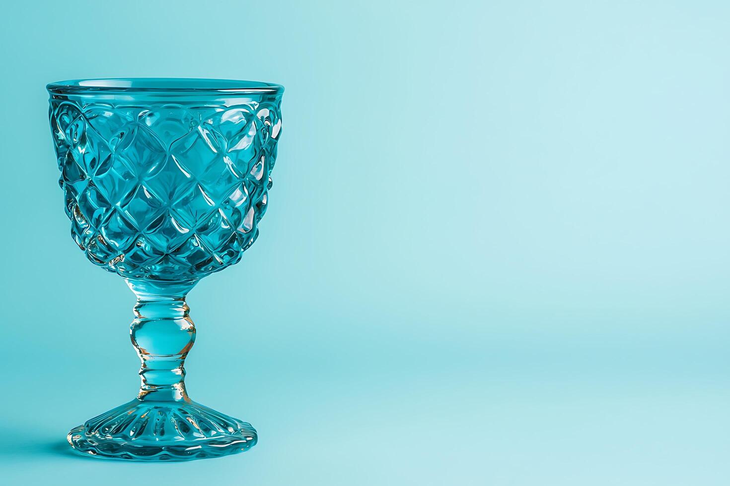 Elegant Teal Goblet on a Light Blue Background. A stylish, empty glass perfect for showcasing beverages or adding a touch of sophistication to your designs. photo