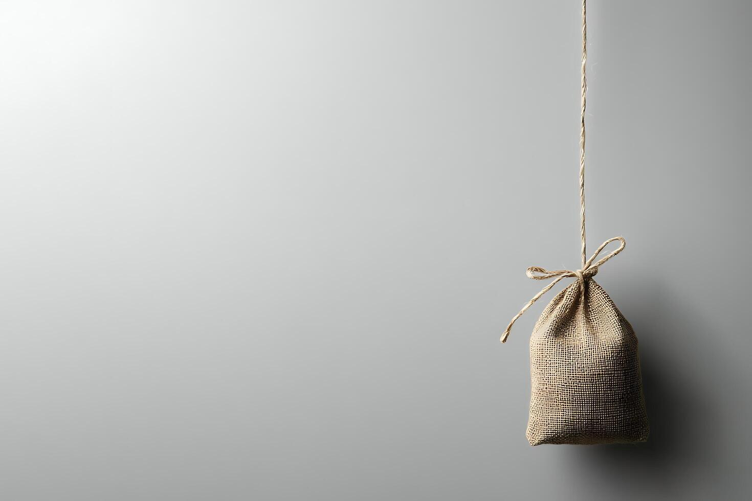 Small Burlap Sack Hanging from a Twine String Against a Gray Background. This image is ideal for minimalist designs and concepts related to simplicity and rustic charm. photo