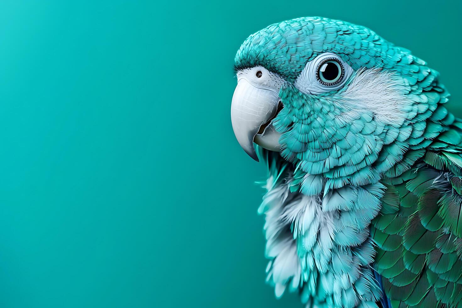 Close-up of a Turquoise Parrot Against a Teal Background. A stunning profile view of a vibrant bird with detailed plumage. photo