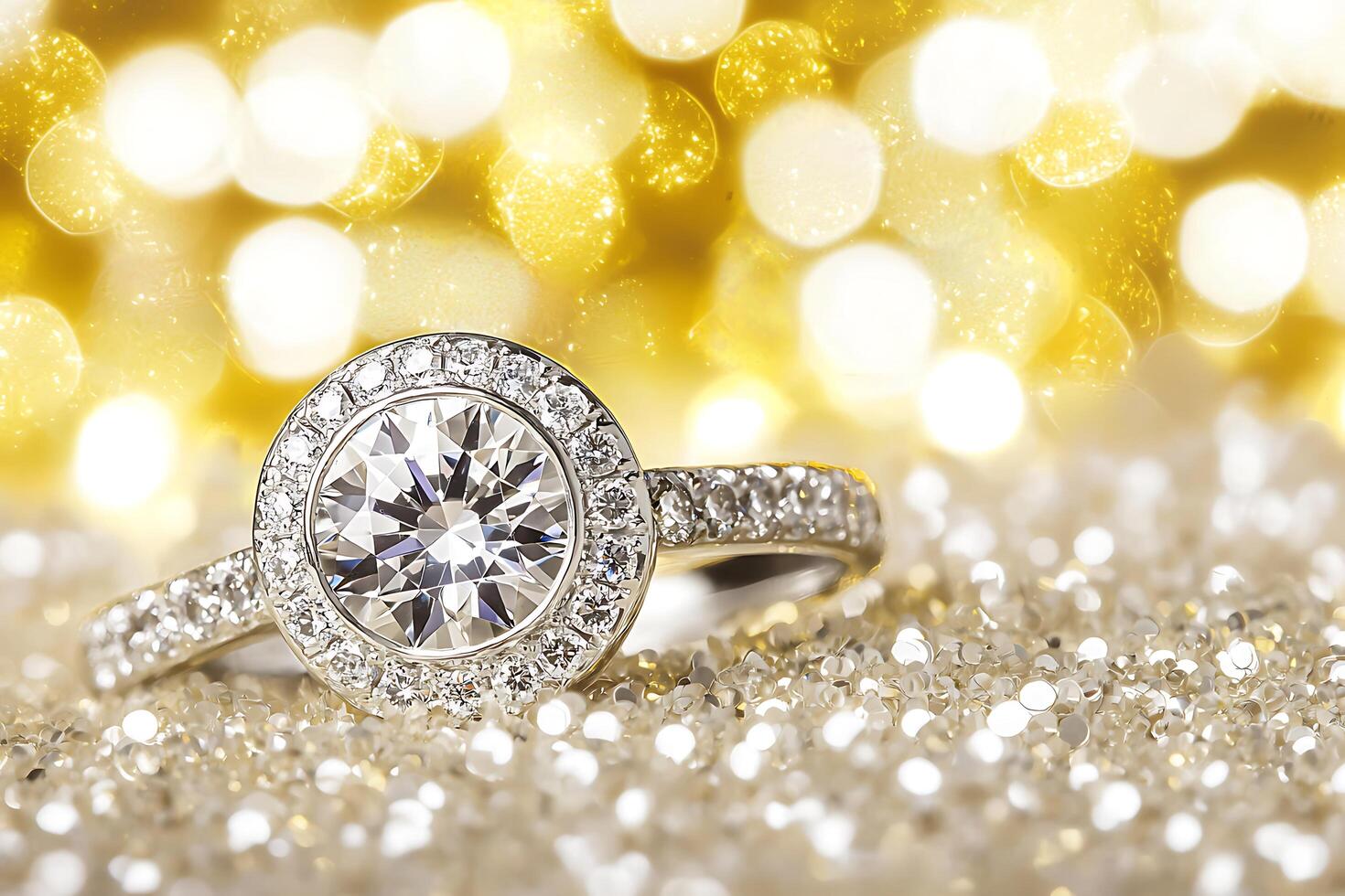 Sparkling Diamond Engagement Ring on Glittering Background. A luxurious close-up image perfect for jewelry, fashion, or romantic themes. photo