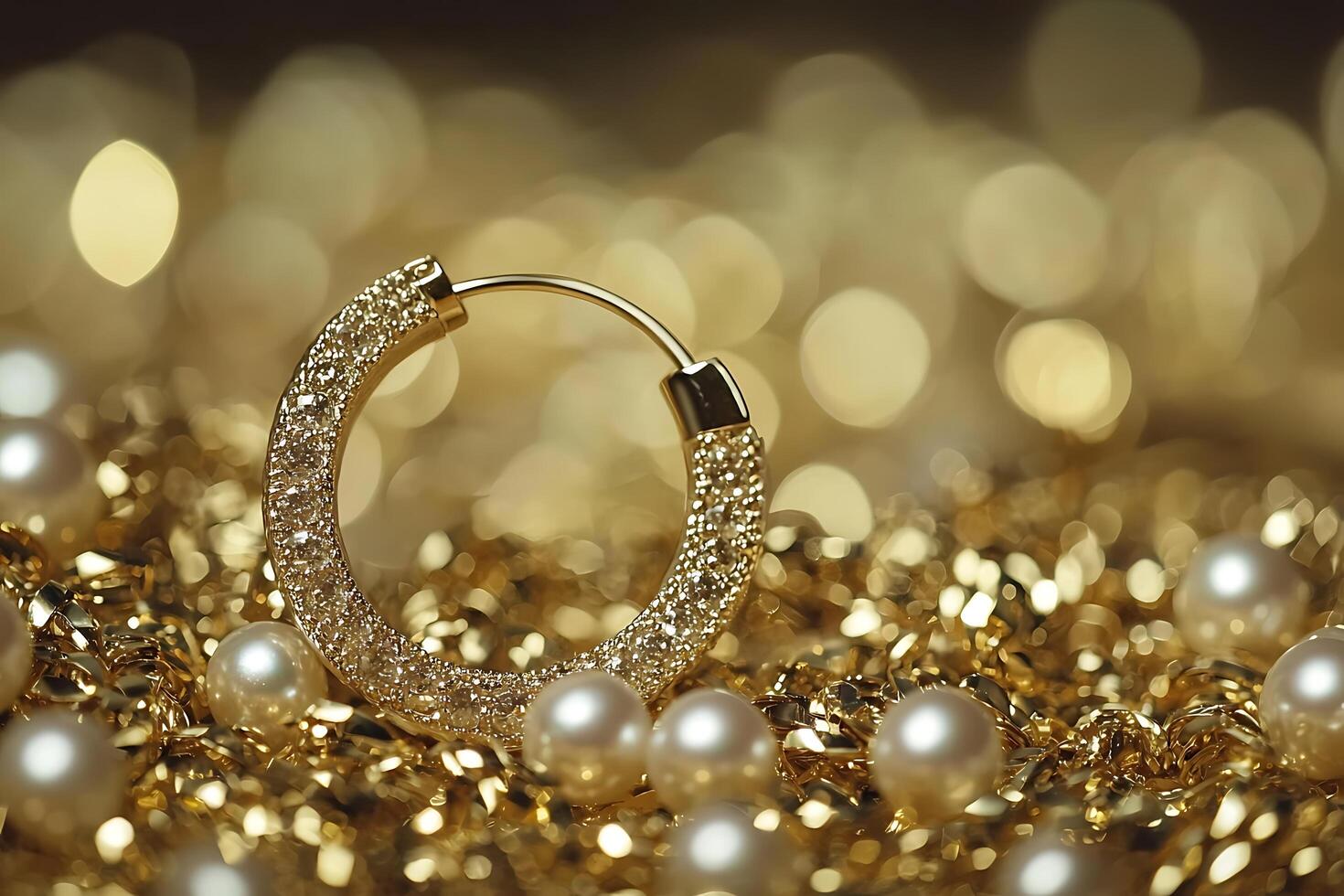 Luxurious Gold Hoop Earring with Diamonds Resting on Pearls and Gold Chains. photo