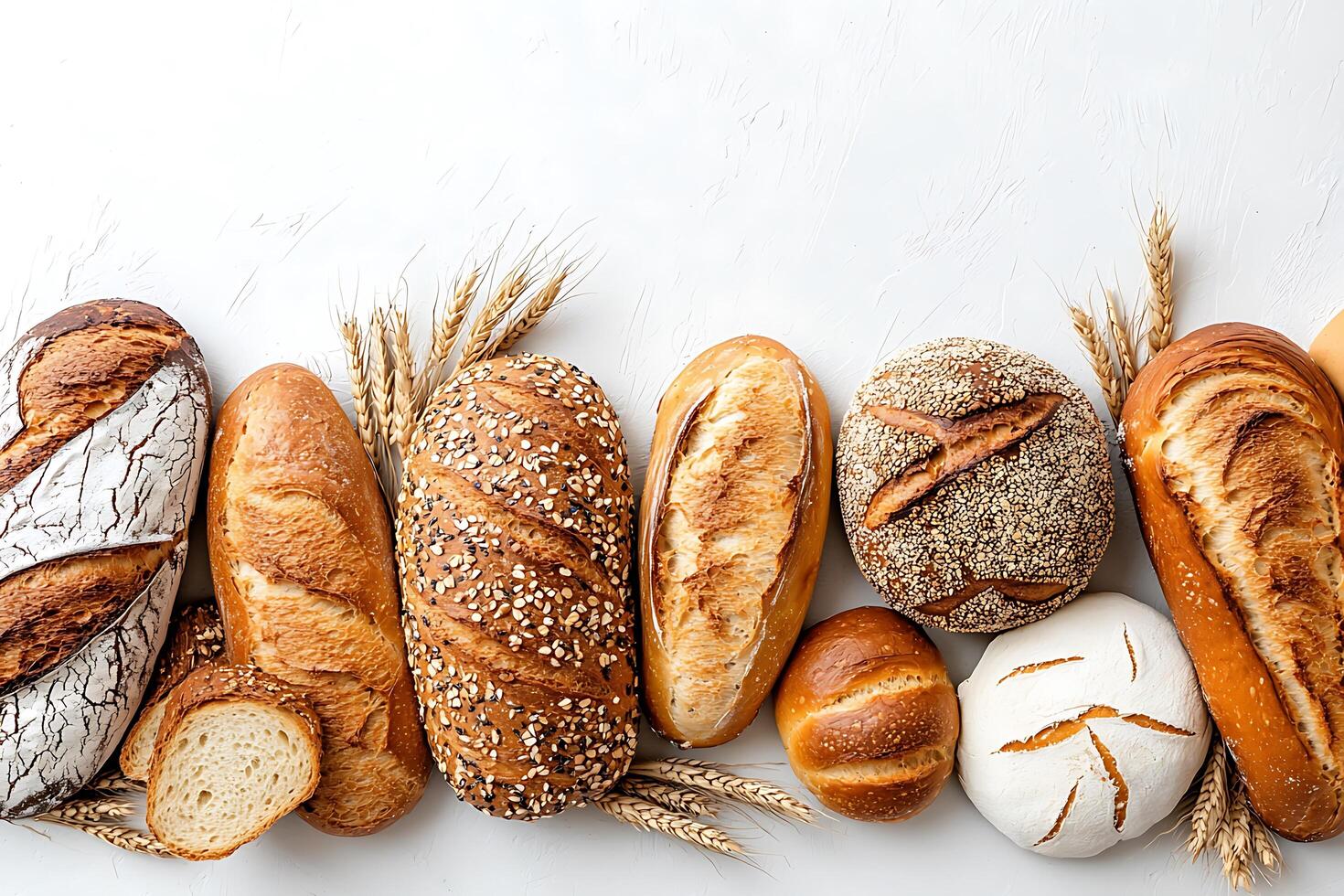 Assortment of Freshly Baked Breads with Wheat - Artisan Bakery Product Photography. photo