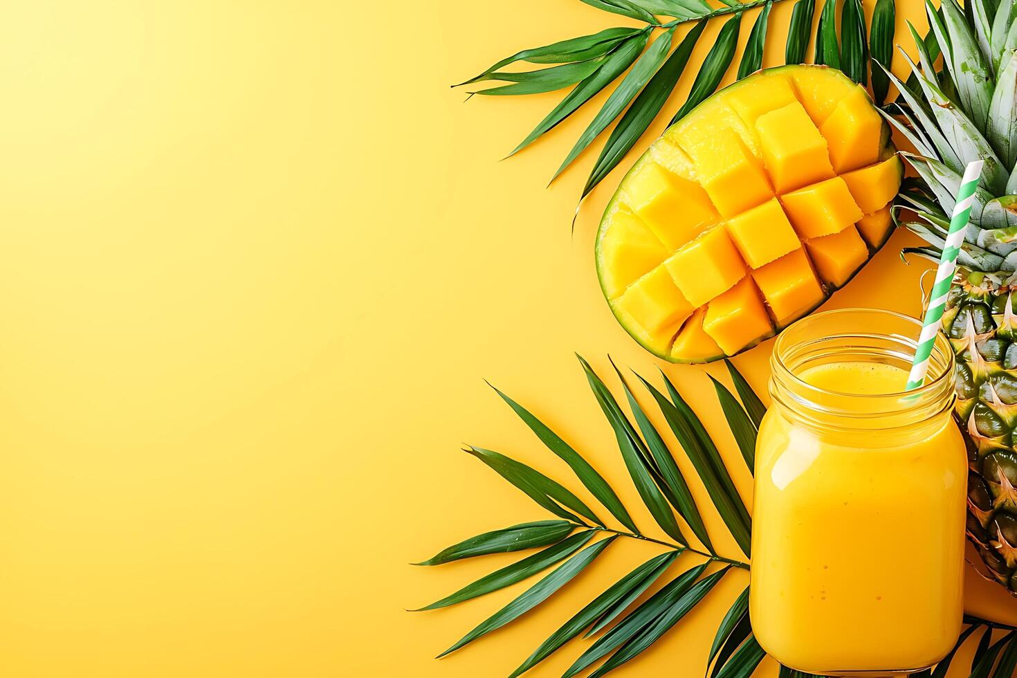Tropical Mango Pineapple Smoothie with Palm Leaves Refreshing Summer Drink Photography. photo