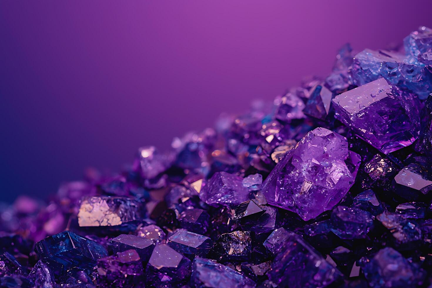 Close-up of a Pile of Sparkling Purple Crystals Against a Deep Purple Background. photo