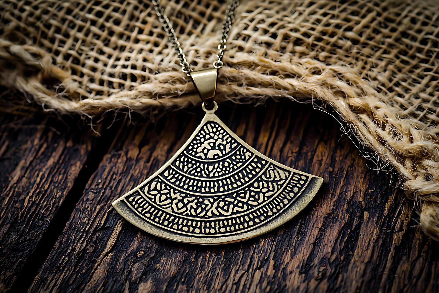 Intricate Brass Pendant Necklace on Rustic Wooden Surface. A detailed close-up showcasing an ornate, fan-shaped pendant. photo