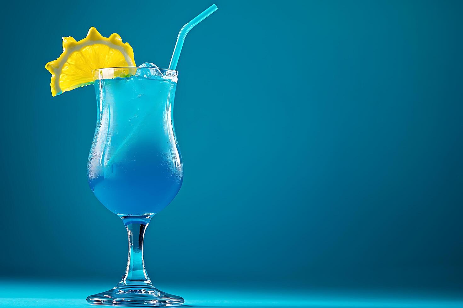 Refreshing Blue Lagoon Cocktail in Hurricane Glass with Lemon Garnish. A vibrant image perfect for summer drink menus and websites. photo